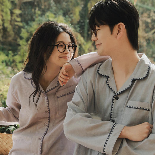 全棉双层纱~情侣款勾边翻领纯棉家居服长袖套装 无印风纱布男士纯色 商品图2