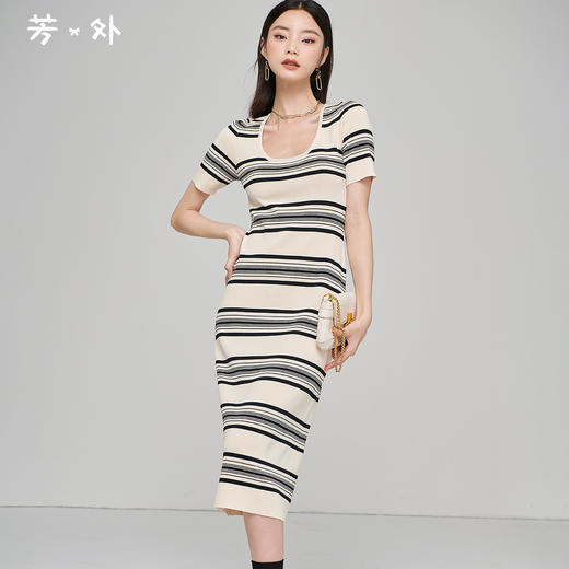 芳外秋季新款气质修身针织长裙时尚条纹露锁骨短袖连衣裙1728 商品图0