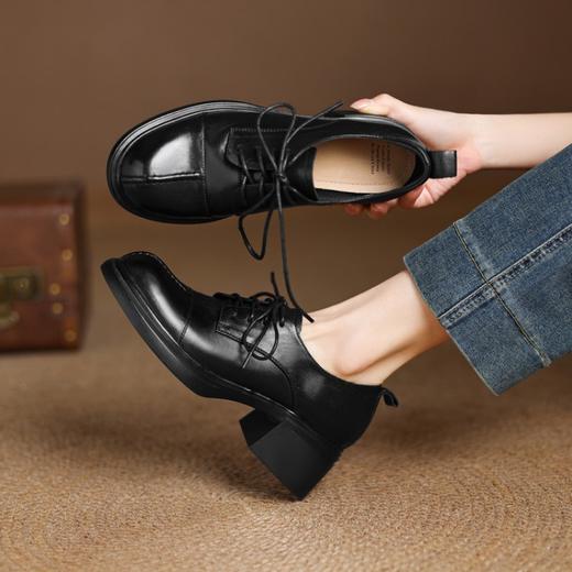 【预售5天】英伦风圆头高跟系带小皮鞋女款2026新款复古真皮厚底粗跟深口单鞋NGMZR&N72-39 商品图2