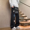F031429新款十字架直筒水洗牛仔裤破卡面料宽松休闲长裤 商品缩略图1