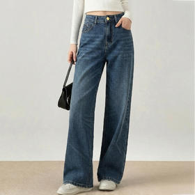 半身缘女裤 春季浮雕感压花柔软中直筒宽松牛仔裤261102U10120185