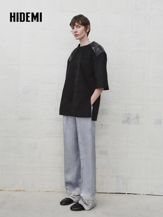 HIDEMI 设计感蕾丝拼接松紧腰缎感直筒裤休闲裤长裤 商品图6