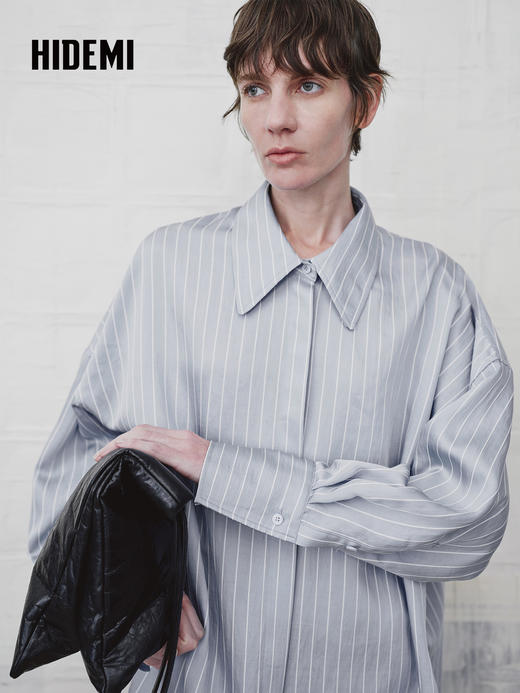 HIDEMI 极简设计感羊毛混纺条纹长袖翻领休闲衬衫 商品图4