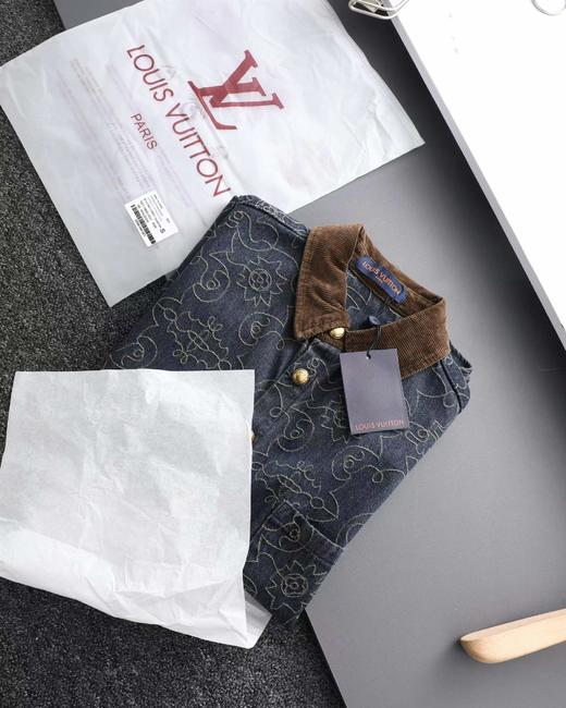 F031476金线刺绣老花字母logo牛仔翻领衬衫短袖外套 商品图7