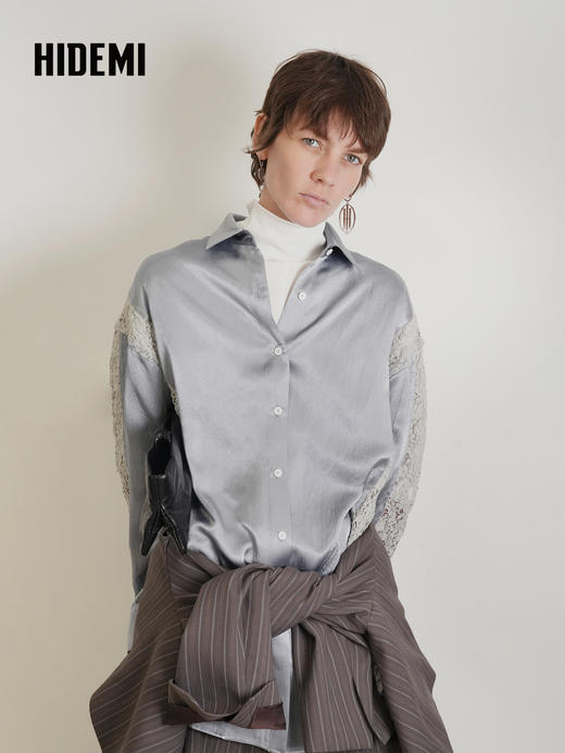 HIDEMI 设计感蕾丝镂空拼接翻领长袖衬衫 商品图5