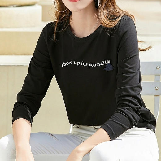 半身缘女装 春季流苏吊坠波浪型植绒字母日常打底衫T恤261213U01140269 商品图2