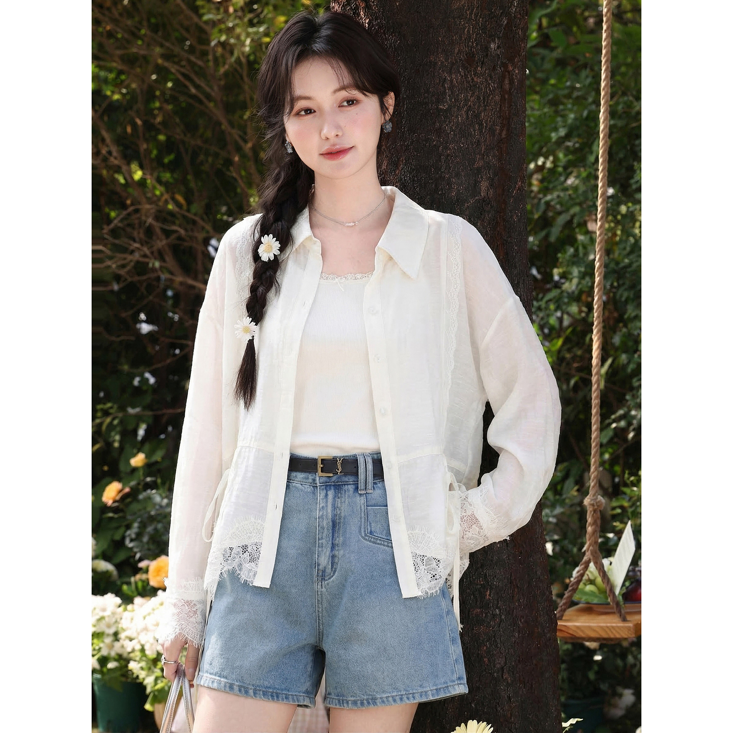 鹿向南「柔雾白月光」莱赛尔浅杏色衬衫女夏法式蕾丝拼接防晒上衣