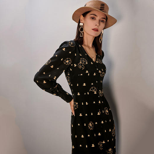 剩M 芳外春季新款通勤气质真丝连衣裙修身印花灯笼袖中长裙子0315 商品图1