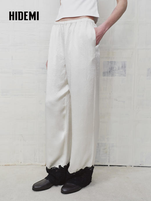 HIDEMI 设计感蕾丝拼接松紧腰缎感直筒裤休闲裤长裤 商品图1