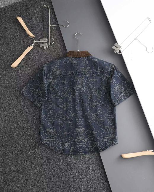 F031476金线刺绣老花字母logo牛仔翻领衬衫短袖外套 商品图1