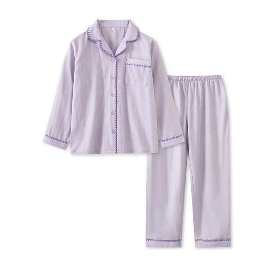 全棉双层纱~情侣款勾边翻领纯棉家居服长袖套装 无印风纱布男士纯色 商品图4