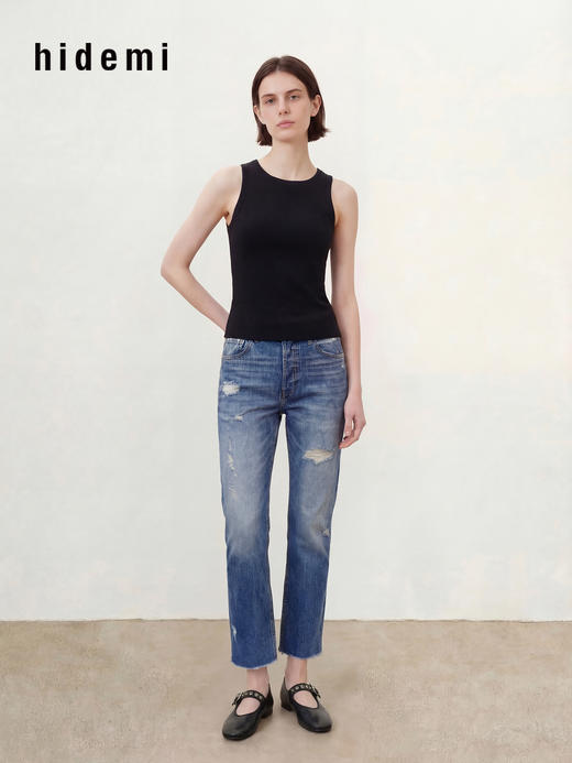 hidemi副线小h 破洞毛边直筒牛仔裤长裤 商品图1