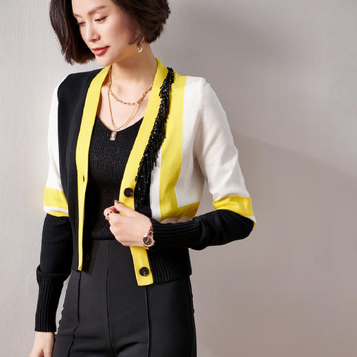 剩XXL 芳外春季新款时尚拼色女式针织衫修身显瘦长袖开衫外套女0022 商品图3