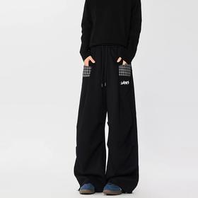 F031435情侣休闲小众拼接格子磨毛工艺直筒阔腿裤