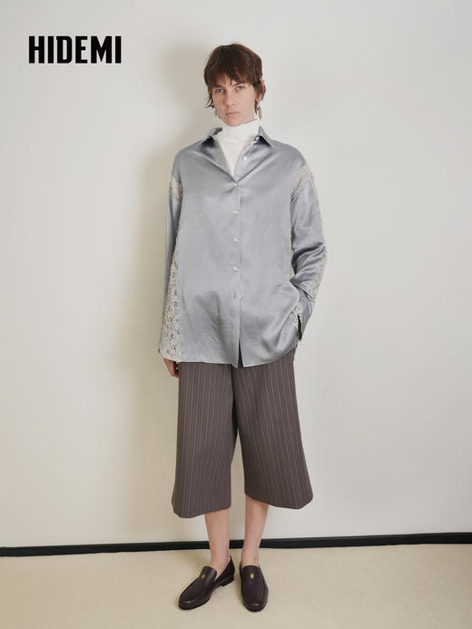 HIDEMI 设计感蕾丝镂空拼接翻领长袖衬衫 商品图4