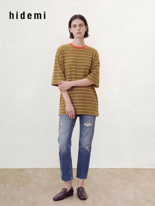 hidemi副线小h 撞色圆领条纹宽松休闲短袖T恤 商品图5