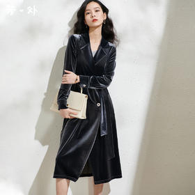 芳外春季新款知性气质顺滑丝绒西装领系带收腰长袖连衣裙1941