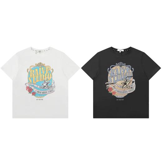 F031448美式复古做旧涂鸦音浪玫瑰印花圆领短袖t恤 商品图0