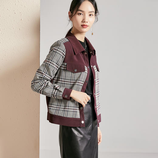 剩S/M 春秋款格纹拼接小香风外套女气质复古时尚翻领短外套 商品图0