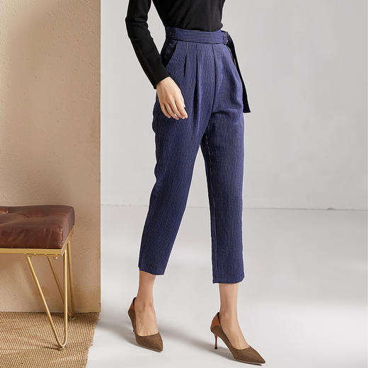 剩S 芳外春秋款竖条纹显瘦休闲裤女系带高腰时尚百搭女裤子 商品图2