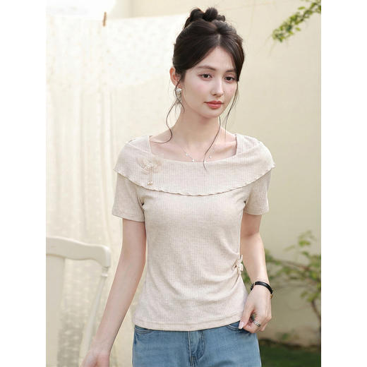 鹿向南「仙境之森」法式燕麦色一字肩短袖T恤女夏设计感显瘦上衣 商品图0