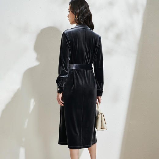芳外春季新款知性气质顺滑丝绒西装领系带收腰长袖连衣裙1941 商品图4