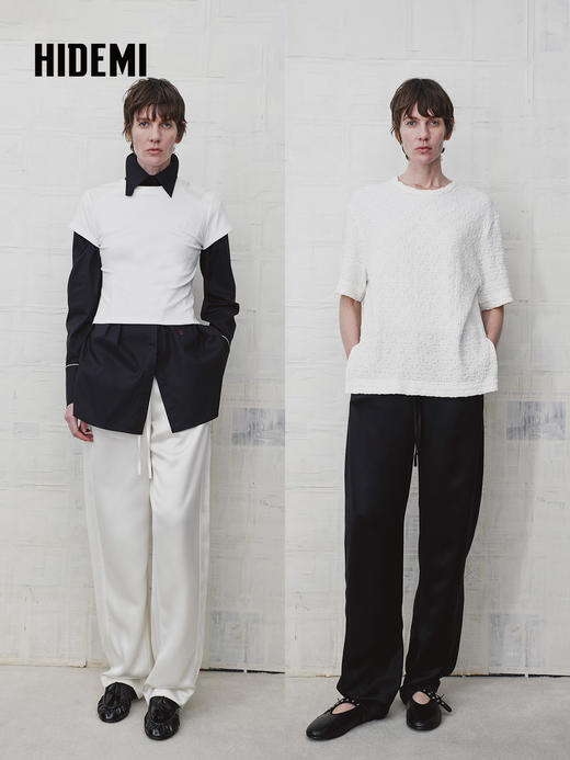 HIDEMI 缎面垂感宽松抽绳头直筒裤休闲裤长裤 商品图0