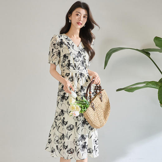 「高货wl」全新升级【铂金会员247/天猫329/差价82】(11841)洛诗琳复古国风水墨印花连衣裙2026新款气质显瘦中长裙 商品图1