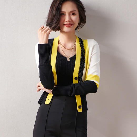 剩XXL 芳外春季新款时尚拼色女式针织衫修身显瘦长袖开衫外套女0022 商品图2