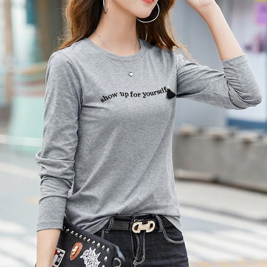 半身缘女装 春季流苏吊坠波浪型植绒字母日常打底衫T恤261213U01140269 商品图4