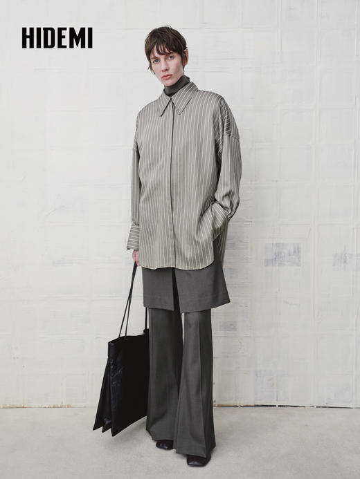 HIDEMI 极简设计感羊毛混纺条纹长袖翻领休闲衬衫 商品图2