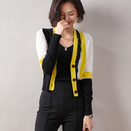 剩XXL 芳外春季新款时尚拼色女式针织衫修身显瘦长袖开衫外套女0022 商品图4