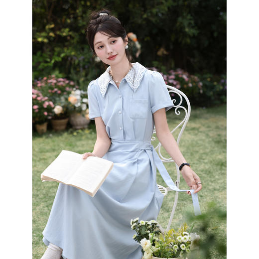 鹿向南「苍兰信笺」法式气质蓝色收腰短袖连衣裙女夏季通勤长裙子 商品图4