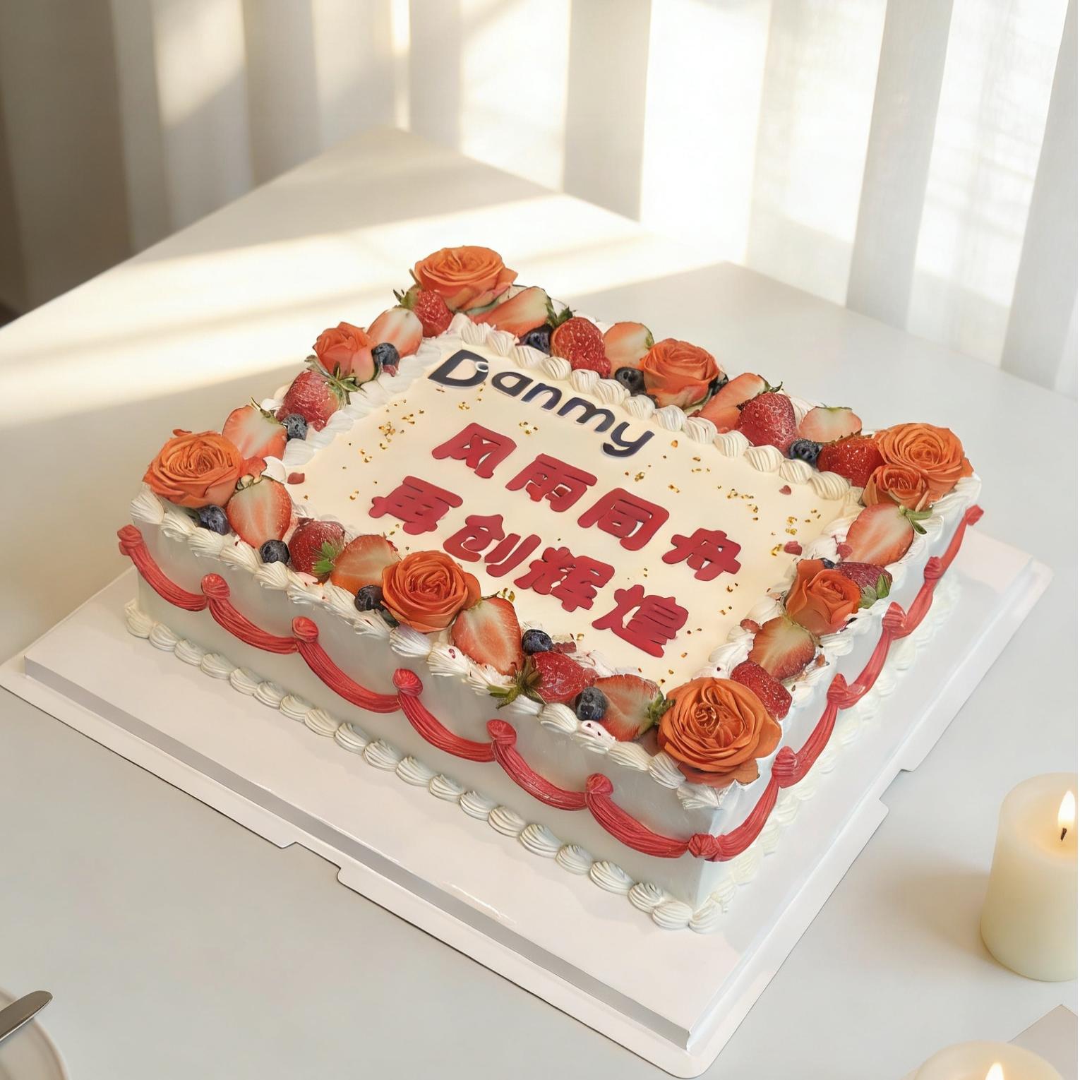 【甜久荟 方形蛋糕】庆典 聚会 商务 人多好分的方形大蛋糕 表面鲜花+水果围边 法国进口铁塔纯动物鲜奶蛋糕 低糖不齁不腻 可定制字体