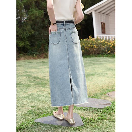 鹿向南「蓝涩微醺」复古牛仔蓝半身裙女夏季直筒高腰毛边A字裙子 商品图3