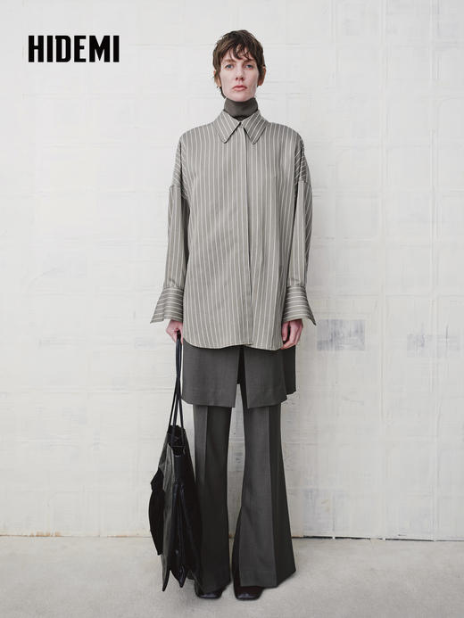 HIDEMI 极简设计感羊毛混纺条纹长袖翻领休闲衬衫 商品图1