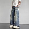 F031432复古港风潮牌情侣款弯刀宽松纯色拼接大口袋牛仔裤 商品缩略图1