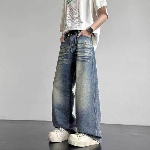 F031432复古港风潮牌情侣款弯刀宽松纯色拼接大口袋牛仔裤 商品图1