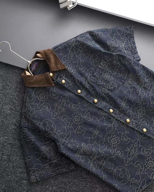 F031476金线刺绣老花字母logo牛仔翻领衬衫短袖外套 商品图3