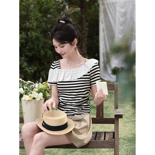 鹿向南「海上钢琴」设计感杏底黑条纹短袖T恤女夏季掐腰显瘦上衣 商品图3