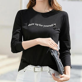 半身缘女装 春季流苏吊坠波浪型植绒字母日常打底衫T恤261213U01140269