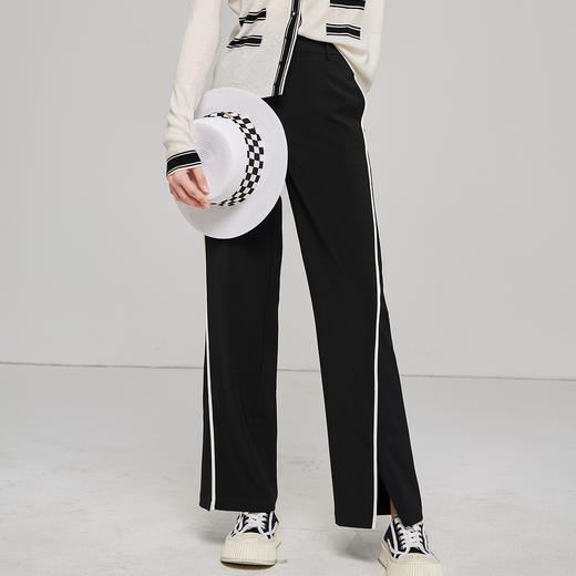 剩M 芳外秋季新款舒适百搭直筒阔腿裤开叉撞色长款休闲裤女1388 商品图1