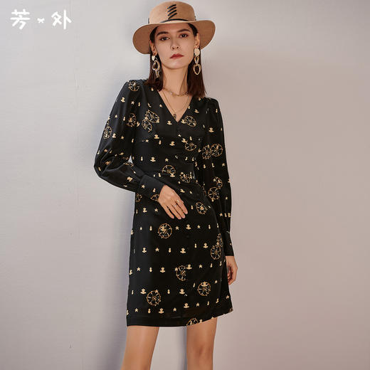 剩M 芳外春季新款通勤气质真丝连衣裙修身印花灯笼袖中长裙子0315 商品图0