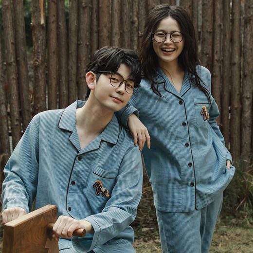 全棉双层纱～情侣款小马刺绣纯棉睡衣男女款 条纹休闲家居服长袖套装 商品图0