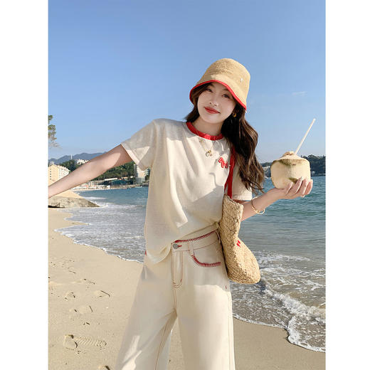 <曾小咸推荐>韩系撞色圆领减龄短袖t恤女 商品图0