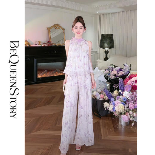 余潇潇【南池花语】2025新品印花压褶绣花漏肩挂脖连衣裙夏季紫色 商品图2