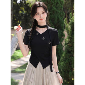 鹿向南「墨法花序」高级感黑色气质V领短袖T恤女夏季新款显瘦上衣