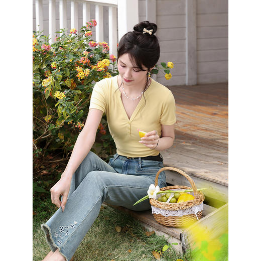 鹿向南「蓝屿花影」复古蓝色高腰显瘦牛仔裤女夏季小个子直筒长裤 商品图4