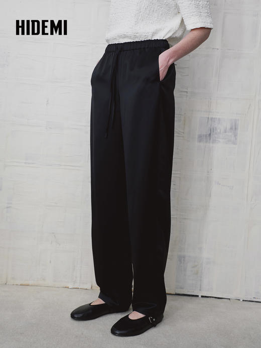 HIDEMI 缎面垂感宽松抽绳头直筒裤休闲裤长裤 商品图2