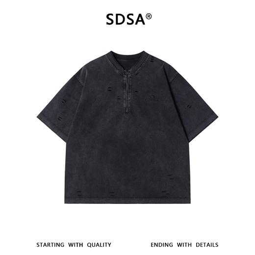 20358SDSA男装2026新款高贵轻奢复古做旧割破半拉链立领短袖T恤百搭潮 商品图1
